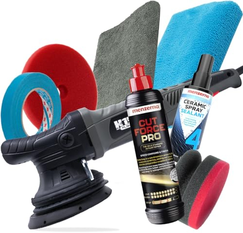 Profi Auto Politur Set | PLSH Exzenter Poliermaschine H15 15mm Hub, 125mm Stützteller + 250ml Menzerna Cut Force Pro 3in1 Autopolitur + 150mm Polierpad + 2x Poliertücher + Keramik Sprühversiegelung