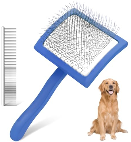 WOPQAEM Slicker Brush for Dogs, Long Pin Dog Grooming Brush for Goldendoodles, Poodles, Doodles & More, Includes Bonus Pet Comb, Perfect for De-Shedding, Dematting & Reducing Tangles. Large, Blue