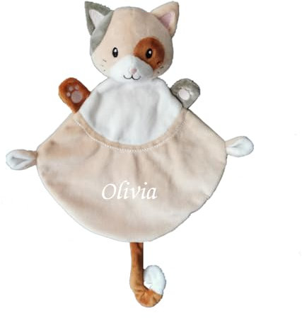 Doudou personnalisé Chat beige blanc marron 30 cm