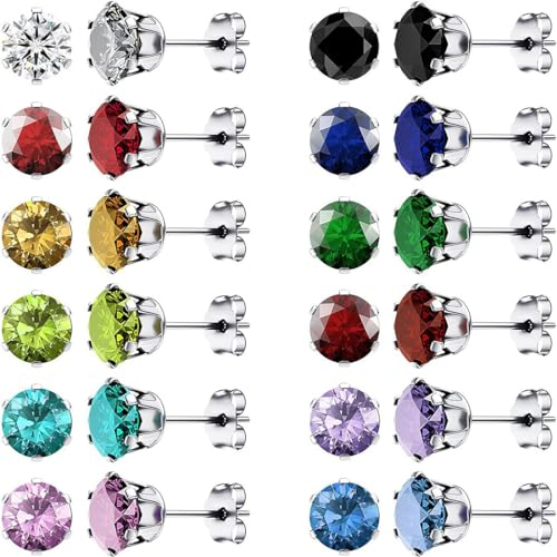 ZKGYUS 12 paires Acier Inoxydable Clou D'oreilles Femmes Hommes, Rondes Boucle d'Oreille Zircon Coloré Plat Boucles d'Oreilles Cartilage Boucles d'Oreilles Hypoallergéniques