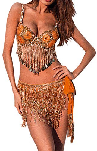 Pailletten Quaste Rock Bauchtanz Performance Glitzer Fransen Rock Karneval Kleid Party Glänzender Bauchtanz Rock Mädchen Röcke Rave Outfit Damen Bauchtanzrock Hüftgurt (Orange, One Size)