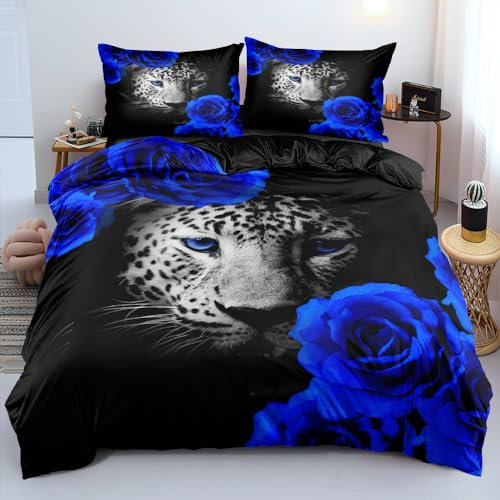DXHOME Bettwäsche Leopard 135x200 4teilig Leoparden Schwarze Bettwäsche Blau Blumenmuster Set Tiermotive Weiche Mikrofaser Bettbezüge mit Reißverschluss und 2 Kissenbezügen 80×80 cm