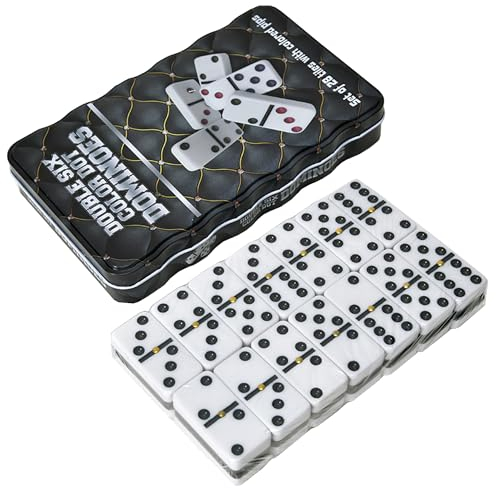 QLSKI Domino, 28 Blatt Miamine Dominosteine in schönen Geschenkverpackung aus Leder, Brettspiele für drinnen, Jaques of London Holzspielzeug, Spielzeug für Erwachsene und Kinder（schwarz）
