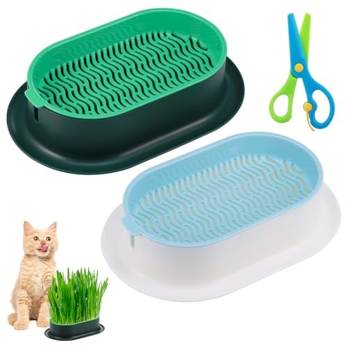 Hejo 2 PCS Cat Grass Seed Tray, Plant Bowls for Cat Grass, Catnip Cat Grass Box with 1 Plastic Scissors, Plastic Soil Free Cat Plant Planting Box for Planting Cat Grass