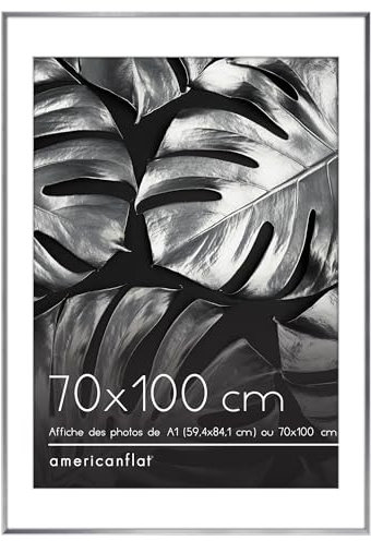Americanflat - Cadre Photo A1 en Aluminium Argent - Cadre Photo A1 avec Passe-partout et 70x100 sans Passe-partout - Verre Résistant aux Chocs