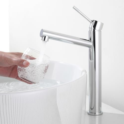 Tondiy Grifo Baño Alto, Ángulo de Salida de Agua Cómodo, Grifería para Lavabo de Encimera, Mezclador Monomando con Caño Alto, Acero Inoxidable 304, Aireador Extraíble, Agua Fría y Caliente, Cromado
