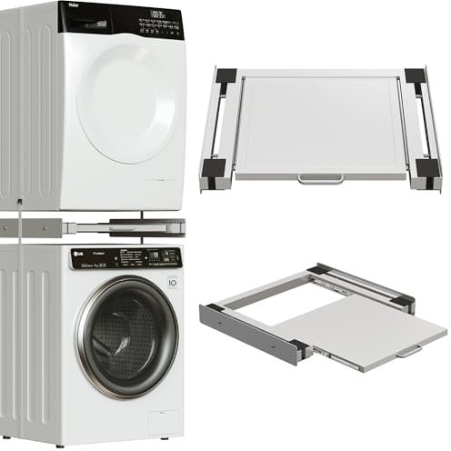 lesolar 24 inch Verbindungsrahmen für Waschmaschine Trockner Universal, 61x55cm, Zwischenbaurahmen mit Ausziehplatte aus Stahlblech, Waschmaschine Trockner Verbindung, inkl Zurrgurt, Weiß
