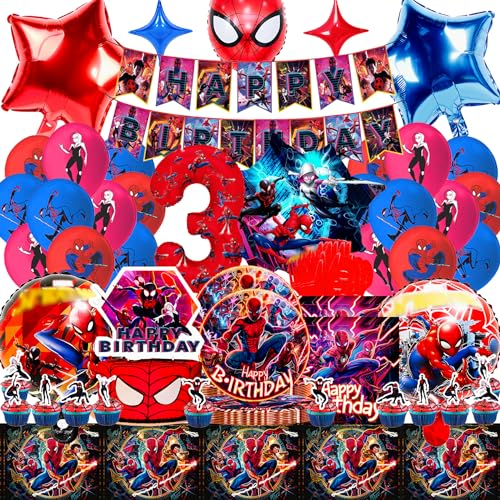 Spiderma Geburtstagsdeko 3 Jahre – 94 Stück Folienballons, Latexballons, Pappteller, Besteck, Tischdecke, Banner – Umweltfreundlich, Ungiftig, für Superhelden Party, Jungengeburtstag