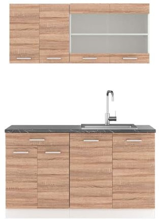 Vicco Singleküche R-Line, Küchenzeile Single, Sonoma/Weiß, 140 cm, AP Anthrazit