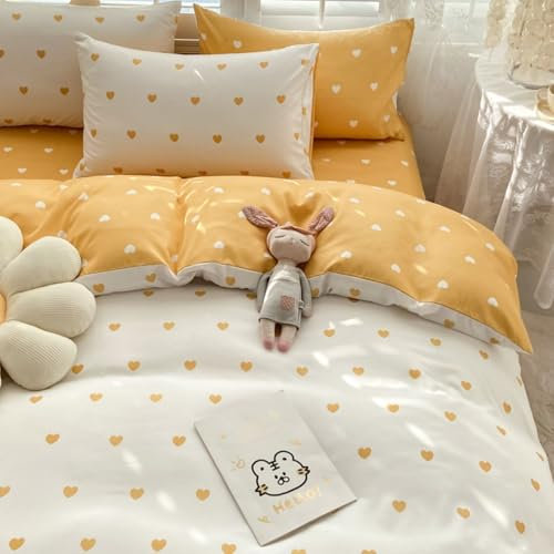 Freyamy Bettwäsche 155x220cm 2teilig Weiß Gelb Herz Mädchen Bettwaren-Sets Romantisch Liebe Wendebettwäsche 100% Microfaser Liebesmotiv Bettbezug mit Reißverschluss und Kissenbezug 80x80cm