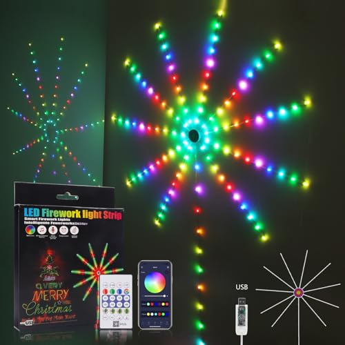 Wisada USB Feuerwerk LED Lichterkette,Bluetooth Multicolor Chasing Effekt LED Streifen,RGBIC Firework Streifen Sync Mit Musik 120LEDs IP65 Wasserdicht Starburst Lichter für Weihnachten, Hochzeit Deko