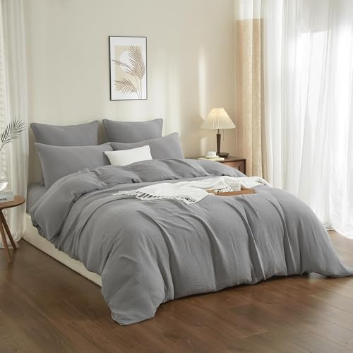 YASMENG Housse de Couette Gaze de Coton 200x200 Gris 100% Coton Parure de Lit Double en Gaze de Coton Doux Respirant Linge de Lit 2 Personne avec Fermeture Éclair et Taies d'oreiller 65x65 cm