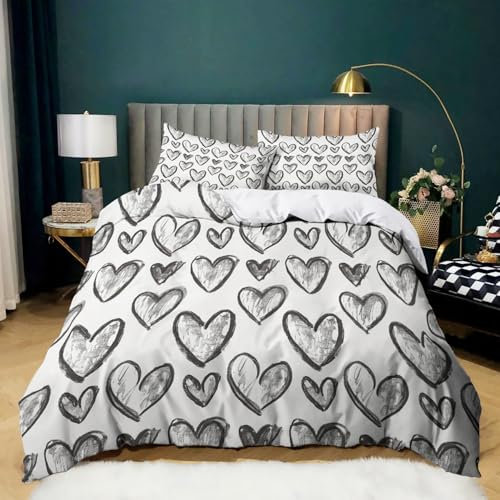 Grigio Copripiumino Matrimoniale 240x220 A forma di cuore disegnato a mano 3D Stampa Morbida Microfibra Biancheria da Letto con Cerniera per Bambini/Adulti 1 Copripiumino + 2 Federe 50x80 cm
