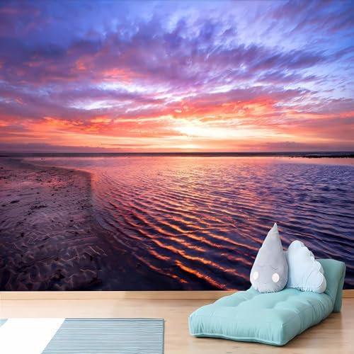 Lcythiazole Customizable Size Peel and Stick Sunset Wallpaper Mural Ocean Wallpaper Mural Purple Sky Purple Waves Purple Beach Wallpaper Mural for Bedroom Living Room