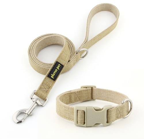 Plutus Pet Cotton Hemp Dog Collar and Leash Set, Adjustable Collar for Small, Medium, and Large Dogs, Heavy Duty and Soft on Skin, Khaki, XS