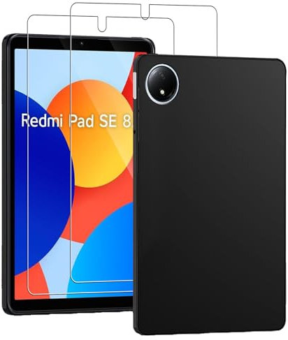NUCNOK Funda para Redmi Pad SE 4G(8.7 Pulgadas) con [2 Pack] HD Protector de Pantalla Cristal Templado,Proteccíon de Silicona Suave TPU Antichoque Case(Negro)