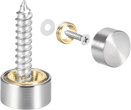 TOP-VIGOR 8Pcs Mirror Screws, 10mm Mirror Screws Cap Nail with Washers, Decorative Cap Covers Brushed Mirror Nails for Mirrors, Furniture Fittings, Tables, Wardrobes, Glass, Silver
