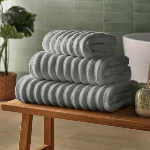 Silentnight Ribbed Cotton Hand Towel - Luxuriously Soft & Super Absorbent Deep Thick Pile Towel - 100% Cotton BCI - Textured Dense Ribbed Hand Towel - 90 x 50cm - Machine Washable, Grey