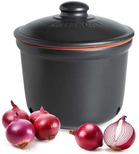 Römertopf Frische-Topf MAXI 2,8 Liter - Zwiebeltopf Keramik - Atmungsaktiver Ton hält Gemüse länger Frisch - Ideale Luftzirkulation - Schwarz