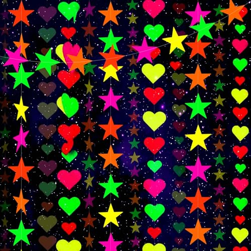 Qpout Neon Papier Girlanden Liebe Herz Sterne Hängende Luftschlangen Neon Party Leuchten im Dunkeln Party Fluoreszierend Hängende Liebende Punkte Stern Banner