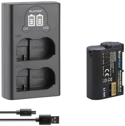 Blumax Battery Compatible with Nikon EN-EL15 [2040mAh] + Slim Dual Charger EN-EL15c EN-EL15b EN-EL15a for D800 D850 D7200 D7500 Z8 Z7 II Z6 II Z5 Zf