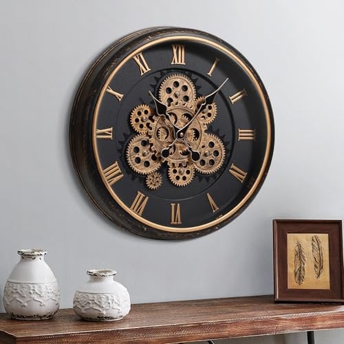 Mee 2ou Große Wanduhr mit Beweglichem Zahnrad, 16 Zoll / 40cm Retro Wanduhr für Wohnzimmerdekoration, Industrielle Steampunk Dekorative Wanduhr Vintage Bronze Gold Retro Wanduhr für Bauernhaus Wohnung