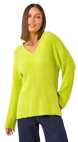 Roman Originals Plain V-Neck Fluffy Knit Jumper for Women UK - Ladies Everyday Autumn Winter V-Neckline Comfy Soft Evening Vacation Work Party Night Out - Lime - Size 16