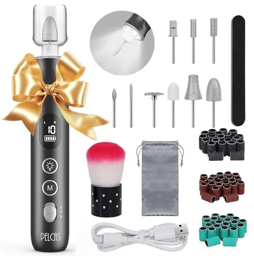 PELCAS Electric Nail Grinder, 10 Speeds Cordless Nail Drill with LED Light, Portable Manicure and Pedicure Kit, Nail File with LCD Screen for Human, Pet, Thick Toenails, Natural & Acrylic Nails Grey