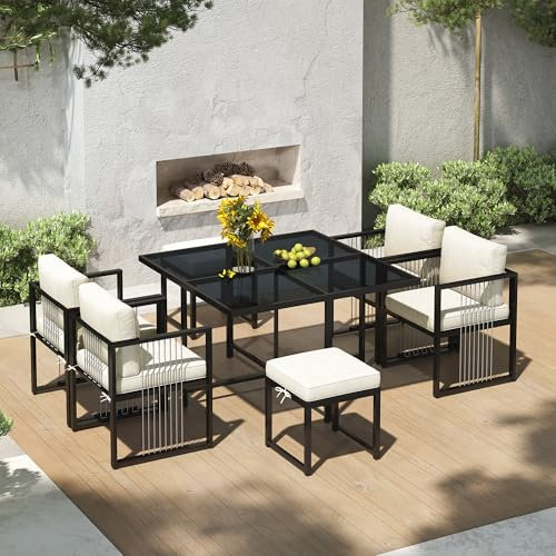 Merax Garten Essgruppe, 7-teiliges Esstisch Set für 6 Personen, Gartenmöbel mit Seilgeflecht-Stühlen, Gehärtete Glasplatte, Abnehmbare & Waschbare Kissen, Für Terrasse, Balkon & Garten, Schwarz & Weiß