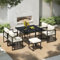 Merax Garten Essgruppe, 7-teiliges Esstisch Set für 6 Personen, Gartenmöbel mit Seilgeflecht-Stühlen, Gehärtete Glasplatte, Abnehmbare & Waschbare Kissen, Für Terrasse, Balkon & Garten, Schwarz & Weiß