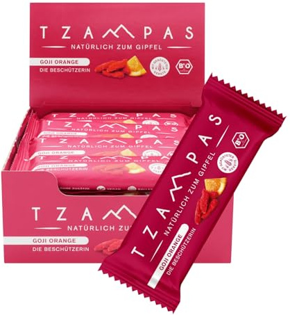 TZAMPAS Energieriegel Bio · Riegel mit Goji-Beeren & Orangenöl · Ideal für Sport & Fitness · Vegan, Clean Eating · 16 x 40g