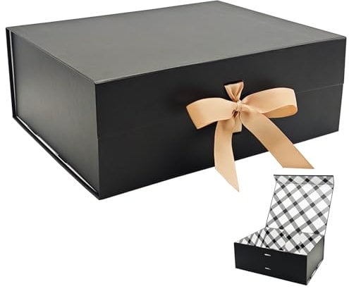 Tekhoho Schwarze Große Geschenkbox 33.5x27x12.5 cm, Premium Geschenkbox mit Magnetdeckel und Schleife für Feiertage Hochzeit Geburtstag Geschenkverpackungen, kariertes Innenfutter