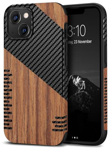 TENDLIN Kompatibel mit iPhone 13 mini Hülle Holz und Carbon Textur Design Leder Hybrid Handyhülle (Twill)