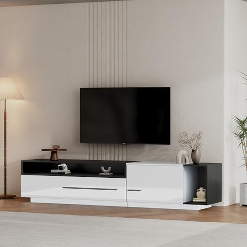 Merax High Gloss TV Stand, Modern Entertainment Center for TVs up to 70 Inches, TV Console with 1 Door & 1 Drawer, Large Storage, Black & White Design, Living Room TV Cabinet - 170 x 38 x 42 cm
