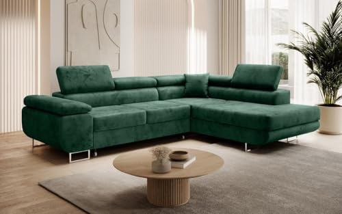 Luxusbetten24 Designer Sofa Aston mit Stauraum und Schlaffunktion | Bezug: Samt | Farbe: Grün | Stellvariante: Rechts