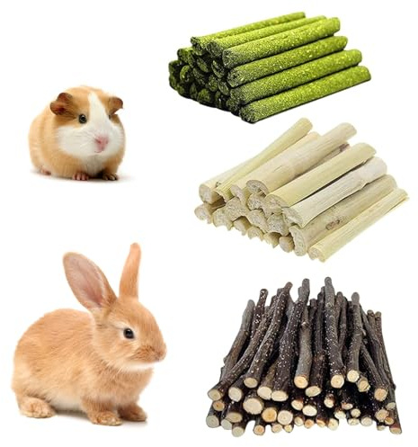 Rynvarl 300g Jouets à Mâcher pour Rongeurs – Sweet Bamboo, Bois de Pommier, Foin de Timothée – Bâtons de Dentition Riche en Fibres pour Lapins, Cochons d’Inde, Hamsters, Chinchillas, Écureuils