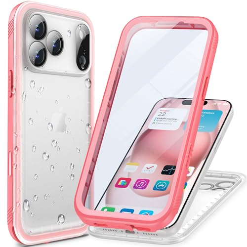 Cozycase TOP Full Waterproof 360 Military Case for iPhone 17 Pro Max, Pink | With HD Screen Camera Protector, Heavy Duty Protective Shockproof, Double Water Dust Shock Proof, Hard Tough Front Back Cover