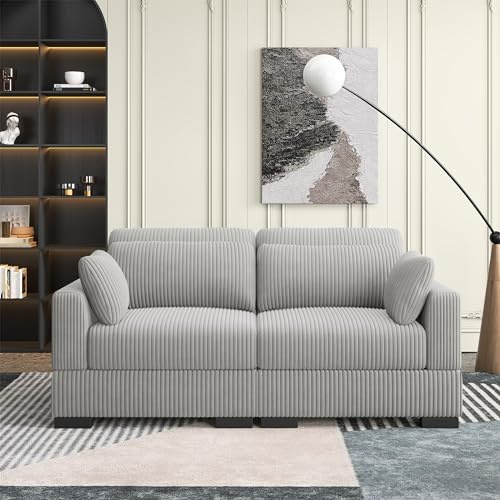 4-Sitzer U-förmiges Sofa mit Aufbewahrungshocker – Cord Ecksofa Modulsofa mit Ottomane – Weiches Wohnlandschaft Sofa für Wohnzimmer, Familie, Gästezimmer – Modern & Bequem (Grau-2 Sitzer)