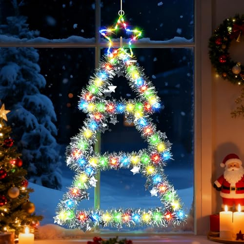 Ninonly Luci Natale Esterno, 75cm 110LED Scala dell'albero di Natalizie Decorazioni con Timer e Memoria, 8 Modalità Lucine LED Decorative a Batteria, Luci Natalizie per Giardino Finestre