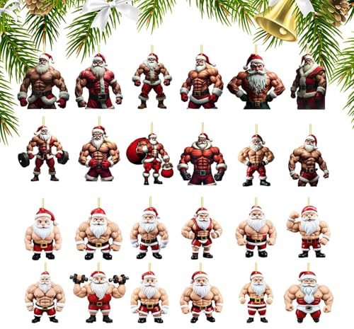 Fyrdyn 2025 Weihnachts Countdown Kalender,24 Tage 2D Acryl Bodybuilder Santa Ornament Countdown Kalender für Kinder - Liebevoller Weihnachtsschmuck Geschenk Für Kinder Erwachsene Freunde