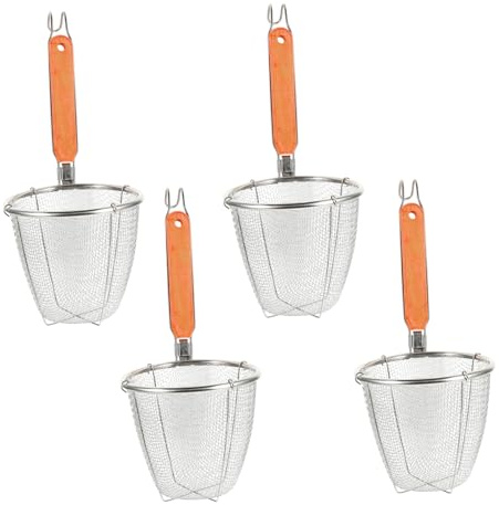 Acier Inoxydable Passoire à Pâtes avec Manche Bois 4 Pièces | Diamètre 14cm, Lot de Quatre, Drainage Rapide, Argenté, Cuisine et Préparation des Nouilles