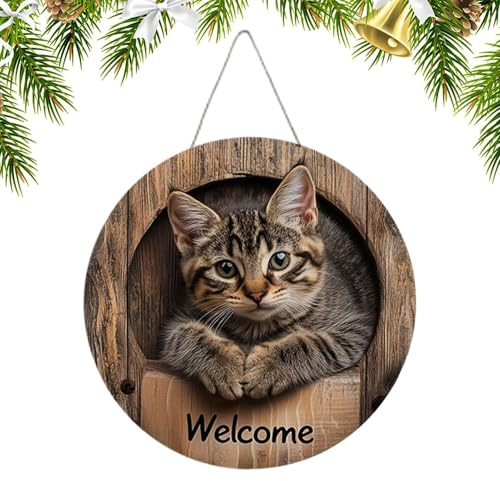 Willkommensschild für Haustür, Wanddekoration aus Holz für Tür, lustiges Ornament, Katze, 2D, für den Außenbereich, Geschenk für Einzug, Weihnachten, Geburtstag, Partys