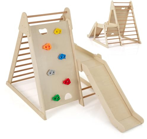 HOMASIS 3 in 1 Kletterdreieck mit Kletterleiter & Rutsche, Holz Klettergerüst Indoor mit Kletterwand, Spielplatz zum Klettern & Rutschen, Sprossendreieck für Kinder ab 3 Jahren (Natur)