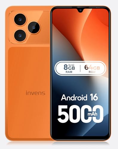 invens Note 17P Handy Ohne Vertrag Günstig 8GB+64GB/256GB TF, 6.9 HD+ Android 16 Smartphones Günstig 5000mAh, 16MP+8MP Kamera Simlockfreie Handys 4G Smartphone Dual SIM/OTG/GPS, Orange