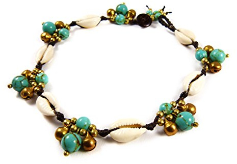 Fußkettchen mit Kauri Muscheln Türkis Perlen und Glöckchen - Thailand Makramee Tribal Surfer Fußband