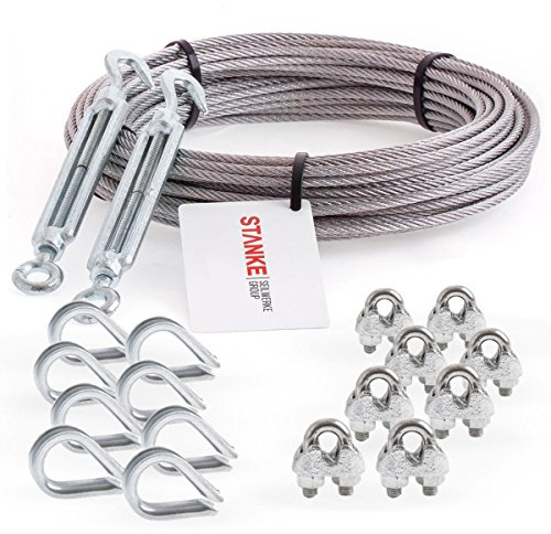 Seilwerk Câble d’acier inoxydable V4A, 30m, diamètre 5mm 7x7, 2x Tendeur M8 Œil-Crochet en acier galvanisé, 8x Cosse-Cœur V4A, 8x Serre-Câble à étrier V4A - SET 5