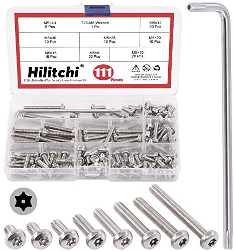 Hilitchi 110 Stück 8 Größen M5 Halbrundkopf-Torx-Sicherheitsschrauben aus Edelstahl, manipulationssichere Schrauben mit T25-Bit, M5 x 8/10/12/16/20/25/30/40