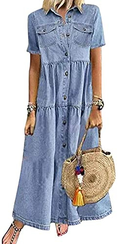 Yesgirl Damen Kleider Boho Sommerkleid V-Ausschnitt Maxikleid Kurzarm Strandkleid Lang mit Schlitz 01 E Blau L