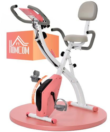 HOMCOM Bicicleta Estática Plegable 3 en 1 con Respaldo para Casa | 8 Niveles Resistencia Magnética, Ajustable, Monitor LCD, Volante, Bandas, Sensor de Pulso, Soporte de Teléfono y Ruedas