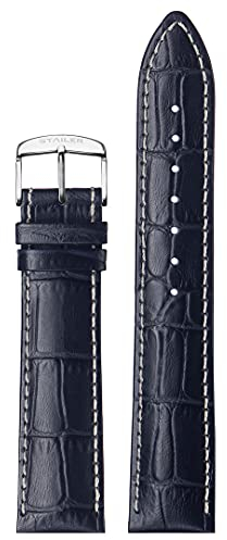 Stailer Uhrenarmband mit Edelstahl-Metallschließe - Aus echtem, hochwertigem Leder mit Alligatorprägung - 20mm - Ersatzarmband für Uhren - Für Damen und Herren - Dunkelblau mit weißer Naht